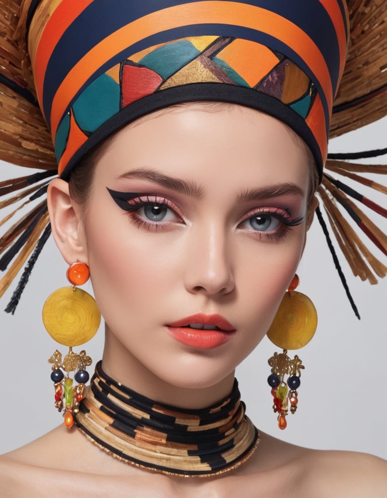 A woman wearing a fancy colored hat and yellow ear rings