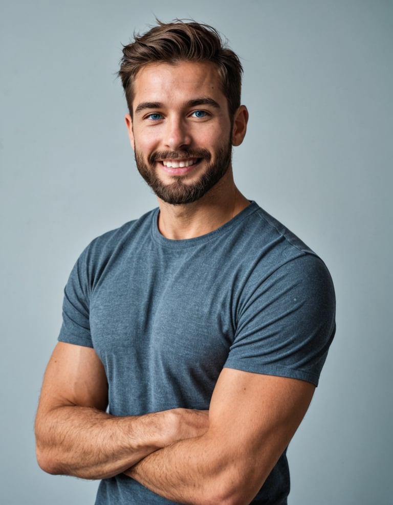A man with a beard wearing a grey t-shirt.