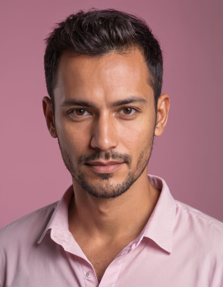 A Middle Eastern man in a pink shirt
