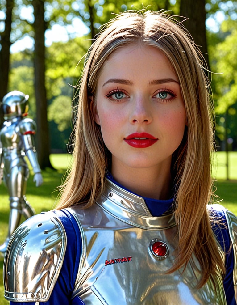 A woman wearing a silver space suit standing in a park.