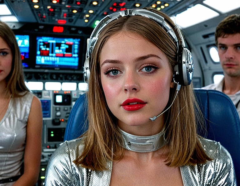 A woman in a control room with two companions.