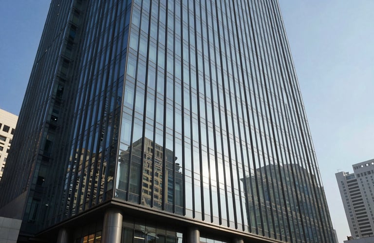 An architectural photography shot of a modern, glass-facade corporate office building in Mumbai. The lighting is bright and professional, reflecting the clear blue sky and the city's dynamic energy.
