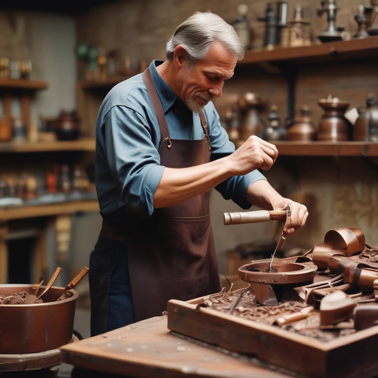 A master craftsman in a leather apron working with metal tools in a Daystar Trade workshop.