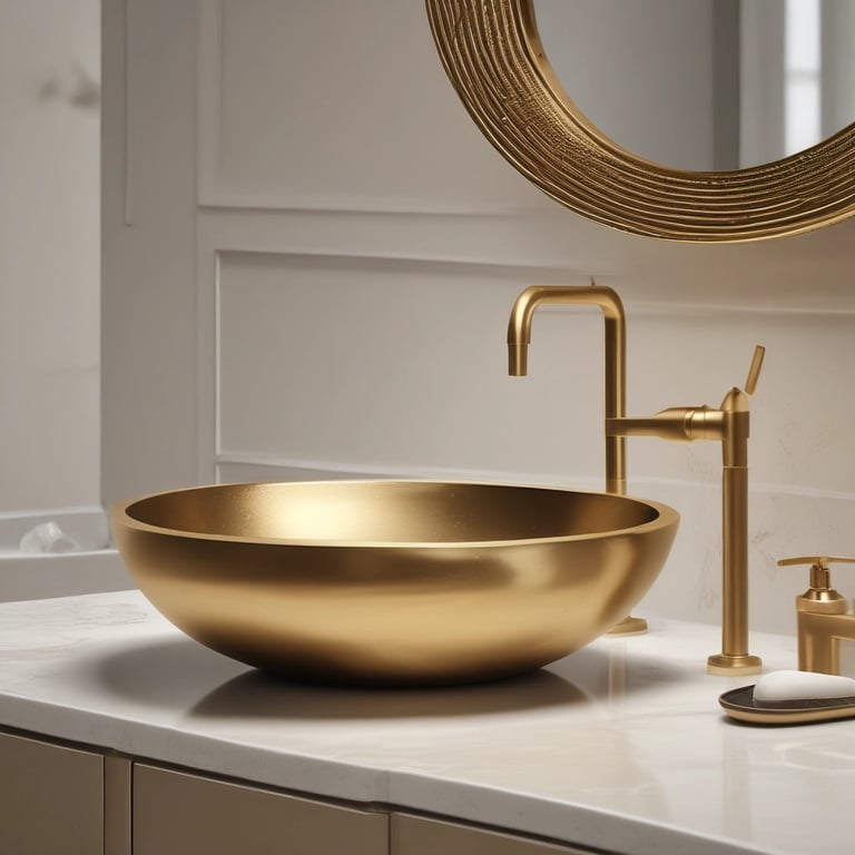 Luxury modern bathroom featuring a brushed gold vessel sink and matching gold faucet on a white marble countertop.