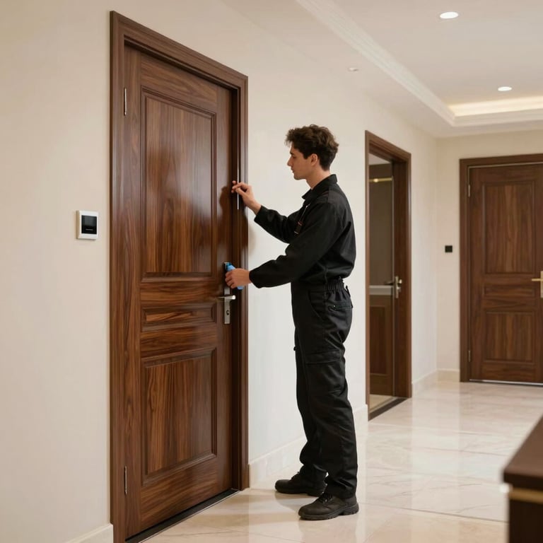 Teknisyen otel koridorunda yangın kapısı montajı yapıyor