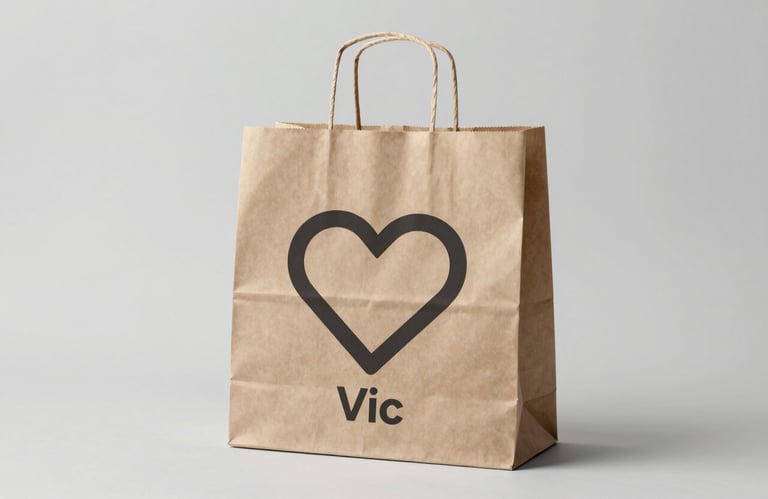 A paper shopping bag with a heart icon, symbolizing local commerce support in Vic. Clean studio lighting, professional, #4A7C59 tones.