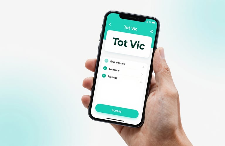 A hand holding a sleek smartphone with the Tot Vic loyalty app open. Modern digital aesthetic, clean background, #6C9A8B teal accents.