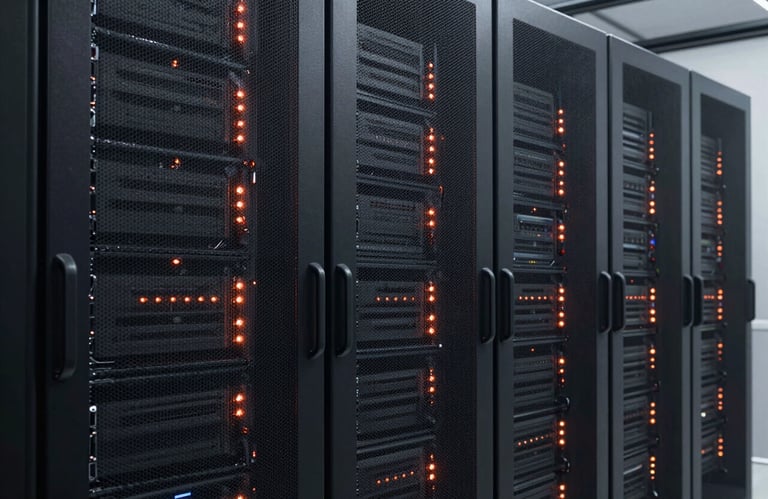 Photography of modern, sleek server racks in a high-security data center facility, illuminated with subtle copper orange status lights, charcoal gray environment.