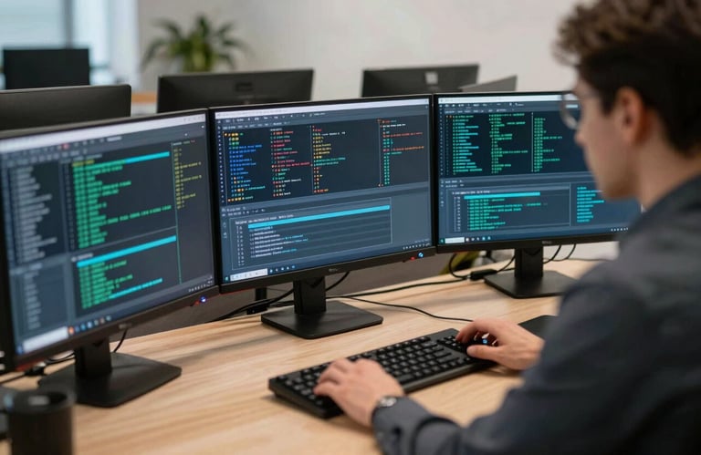 Photography of a network security specialist's desk with multiple monitors displaying network traffic maps and security protocols, high-tech corporate office.