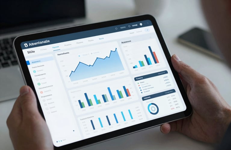 A close-up of a high-resolution tablet displaying a sophisticated financial dashboard with charts and data metrics. The tablet is held by a professional hand, lit with cool, sharp office lighting using #1A202C and #F7FAFC colors.