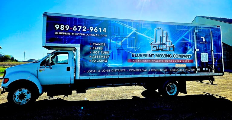 Box truck wrap for a moving company in Michigan featuring a geometric design