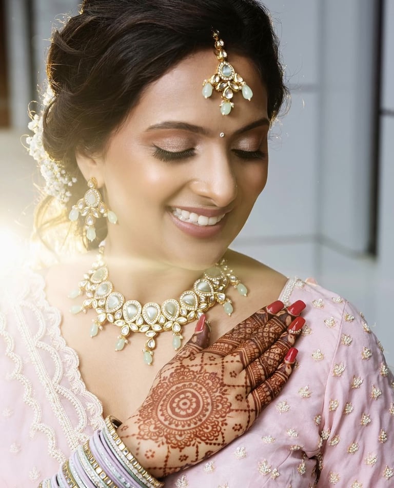 Indian bride with bridal makeup, henna mehndi, gold jewelry, and glowing skin styled for traditional wedding loo