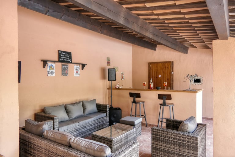 Holiday mas in Drôme Provençale featuring a pool house with bar, ideal for group stays