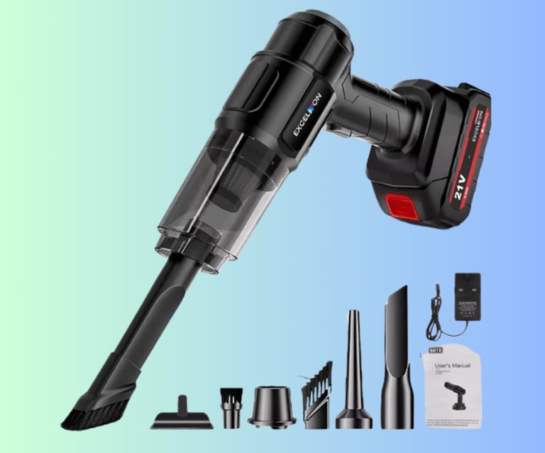Cordless handheld car vacuum cleaner with 21V battery and multiple nozzle attachments.