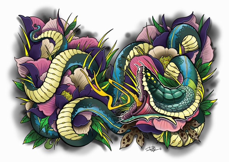 ilustracion serpiente con peonias de estilo japones acolor por punko tattoo artist