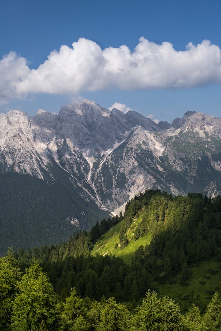 Vista su Cime dei Preti con nuvola sopra e bosco in primo piano