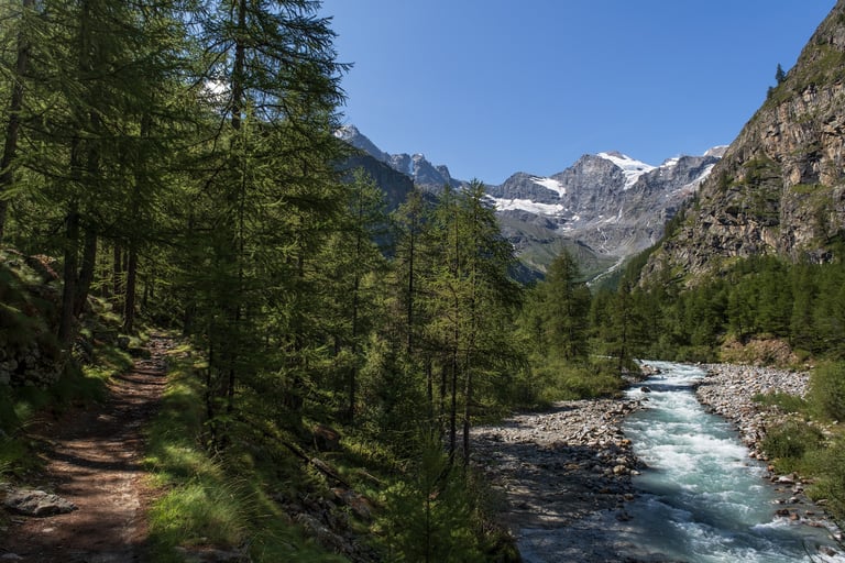 Sentiero del Parco del Gran Paradiso con vista su fiume e vette