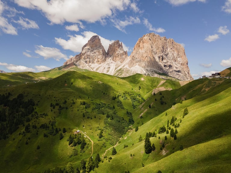 Scatto aereo sul gruppo del Sasso Lungo con prati alpini in primo piano