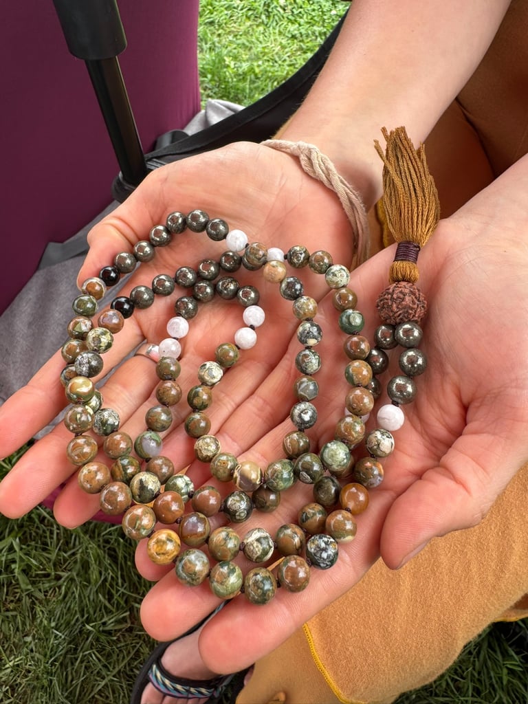Lauren Showing off her Handcrafted Mala for Bhav Spiritual Jewelry