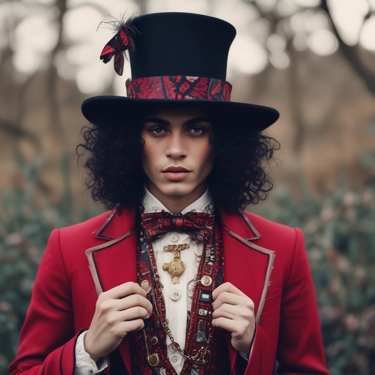 Woman in elaborate hat and costume with theatrical makeup