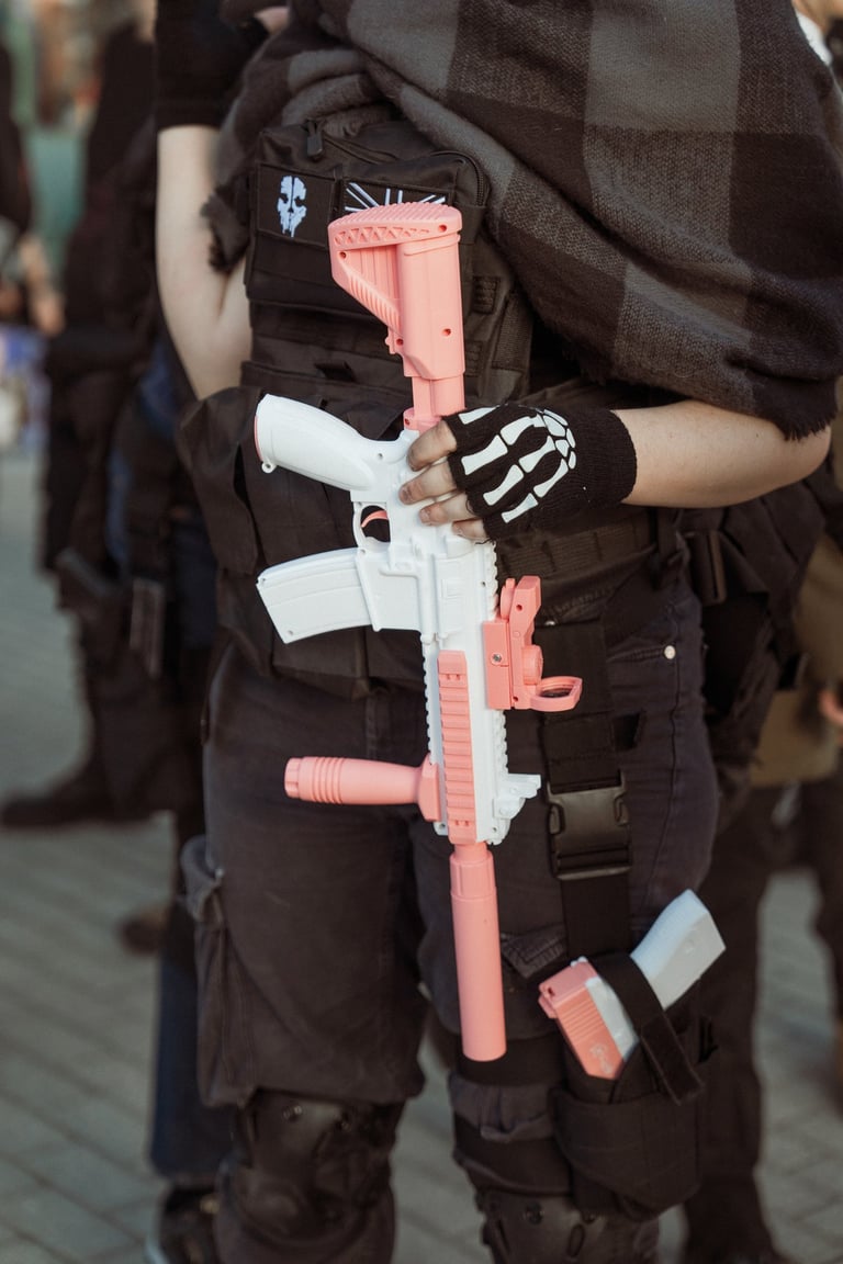 Cosplayer in dark tactical clothing with a pink and white toy rifle at IFEMA Madrid. Convention prop