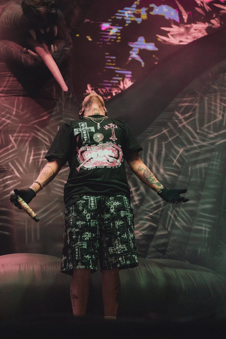 Cro rapping at Boombastic. Black tee, patterned shorts, mic in hand. Lit stage with artistic backdrop. Live concert vibe