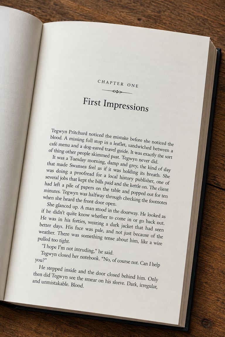 A fiction book open at chapter one showing some book formatting