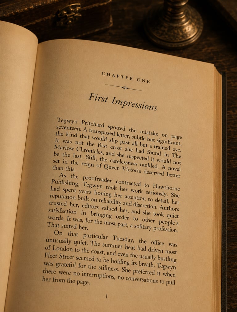 A fiction book open at chapter one showing some formatting