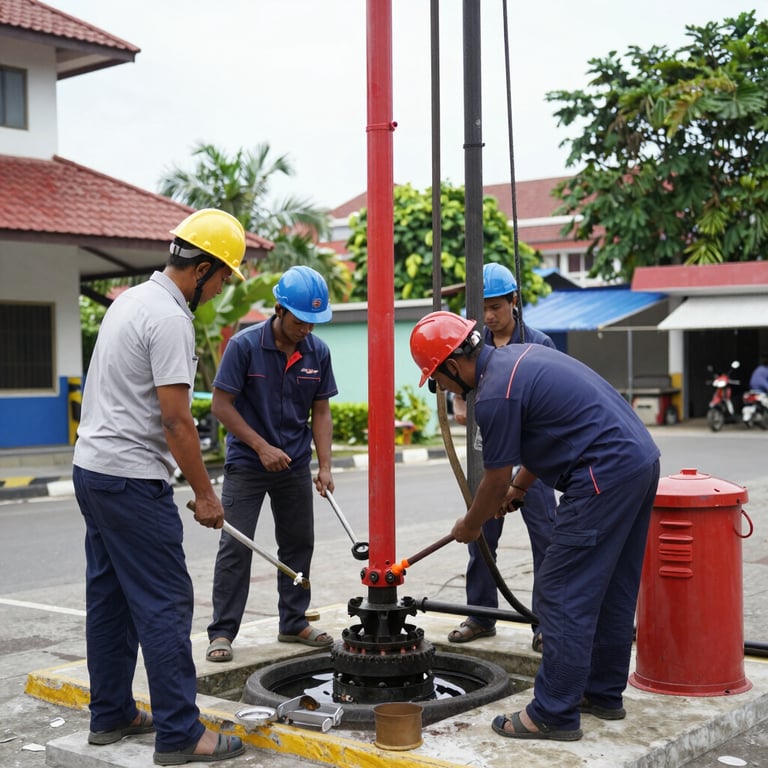 Industrial workers in hard hats and safety gear operating heavy machinery for underground maintenance and repair.