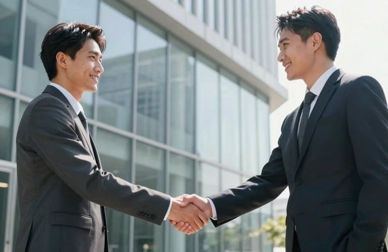 Two business partners shaking hands in front of a glass wall in a bright, modern corporate building, Global Business / Corporate.