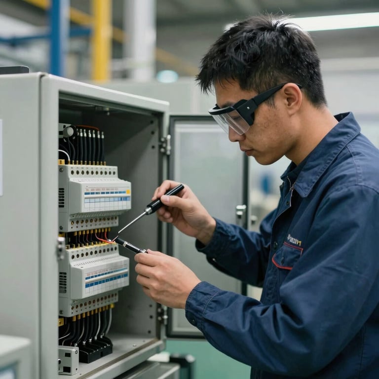 An industrial technician wearing protective gear assembling an electrical control panel with precision, North American / Industrial factory setting.