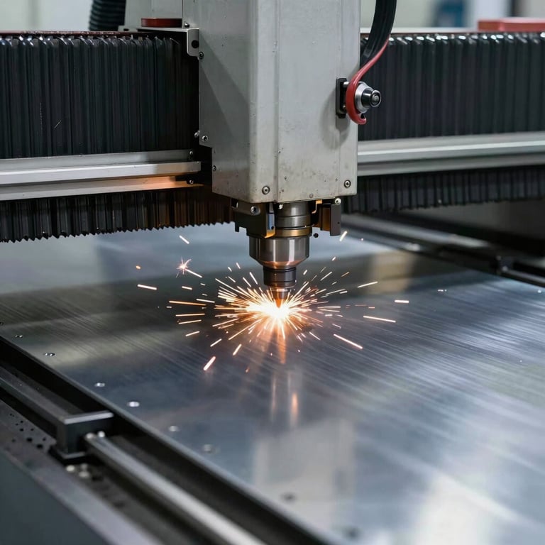 Detailed shot of a CNC machine laser cutting a high-grade steel sheet, sparks flying, high precision manufacturing in a North American / Industrial facility.