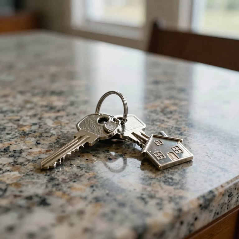 A pair of silver keys with a small house-shaped keychain resting on a polished granite countertop in a sunlit Ontario home.