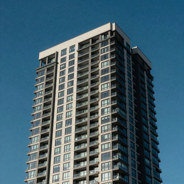A modern high-rise condominium building in downtown Ontario against a clear, deep blue sky, reflecting contemporary urban living.