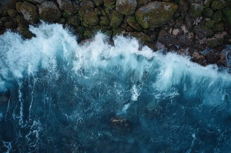 Location: Albion. Aerial view of waves crashing against moss-covered rocks along the coastline in Mauritius