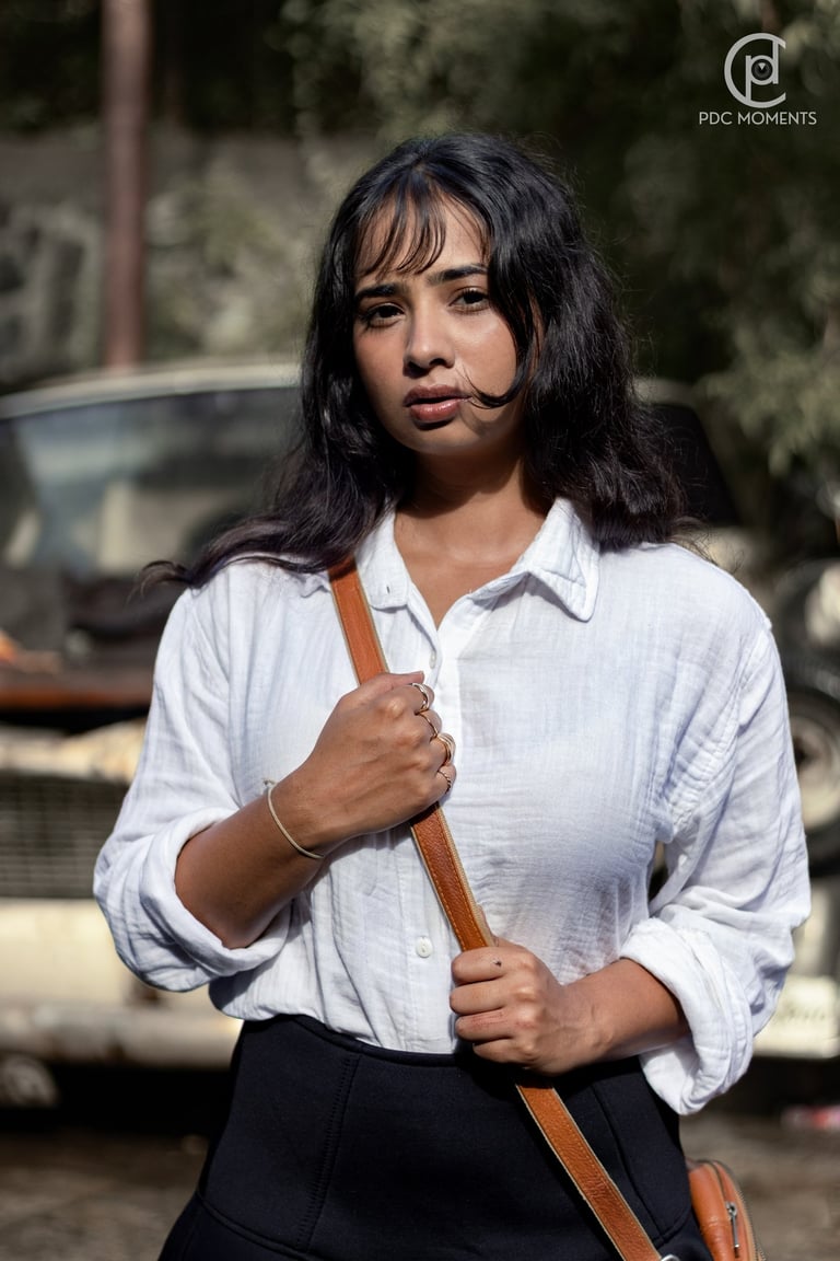 Jayasmurti outdoor fashion portrait in white shirt and black skirt, natural light PDC Moments fashion photography