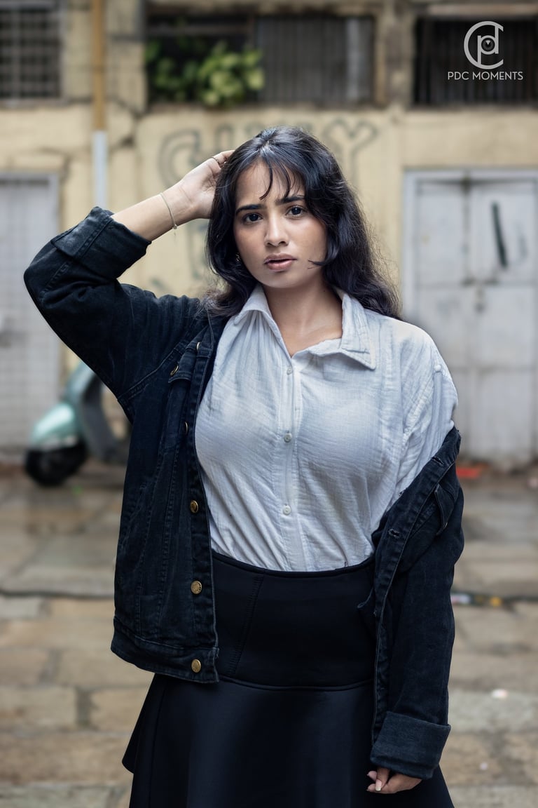 Jayasmurti outdoor fashion portrait in white shirt and black skirt, natural light PDC Moments fashion photography