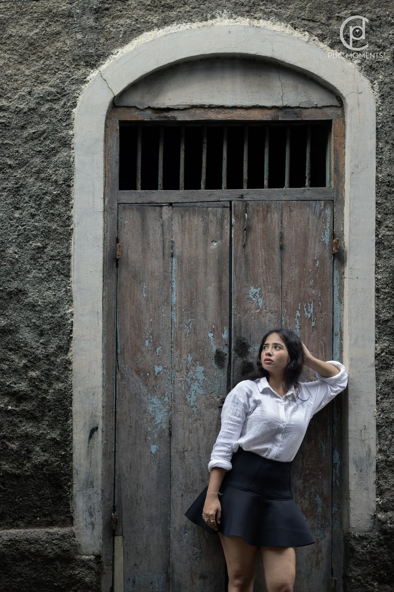 Jayasmurti outdoor fashion portrait in white shirt and black skirt, natural light PDC Moments fashion photography