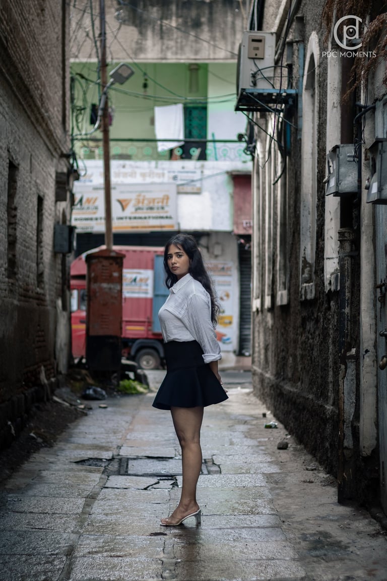 Jayasmurti outdoor fashion portrait in white shirt and black skirt, natural light PDC Moments fashion photography