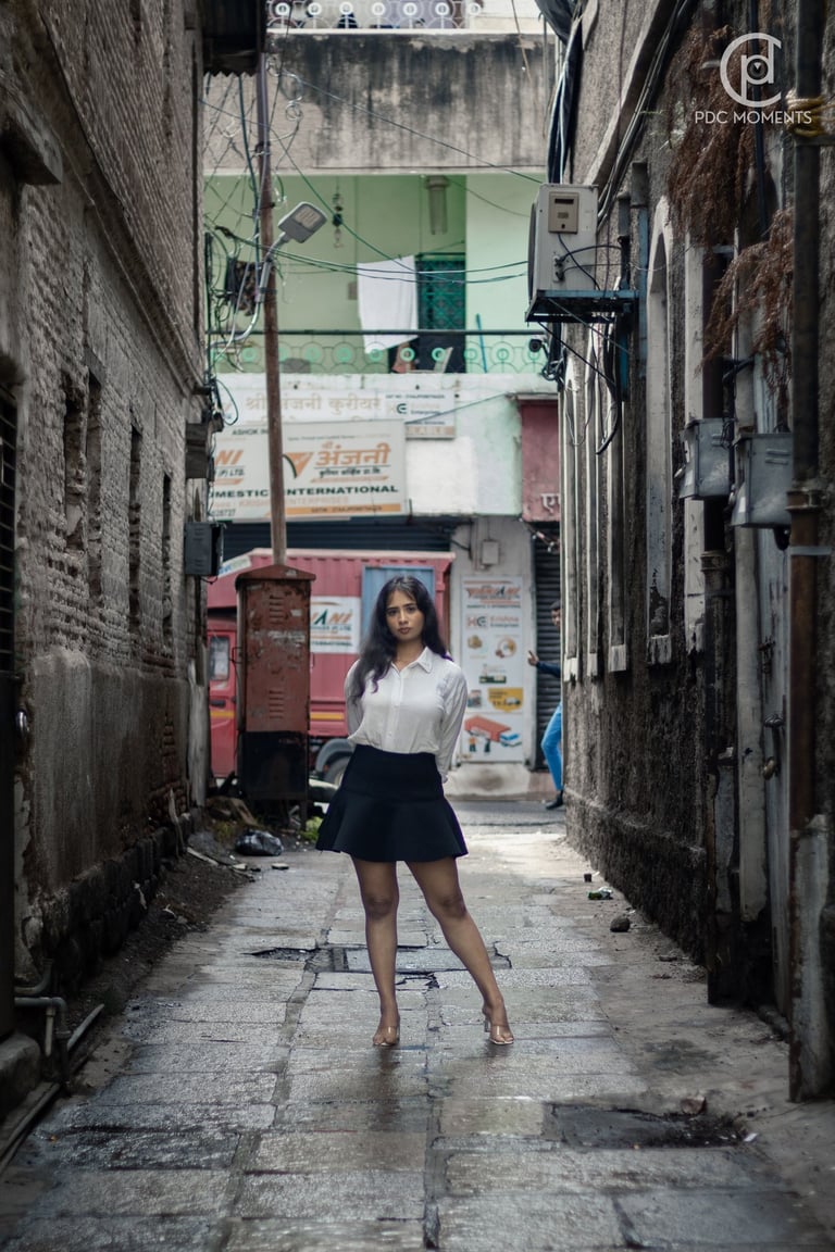 Jayasmurti outdoor fashion portrait in white shirt and black skirt, natural light PDC Moments fashion photography