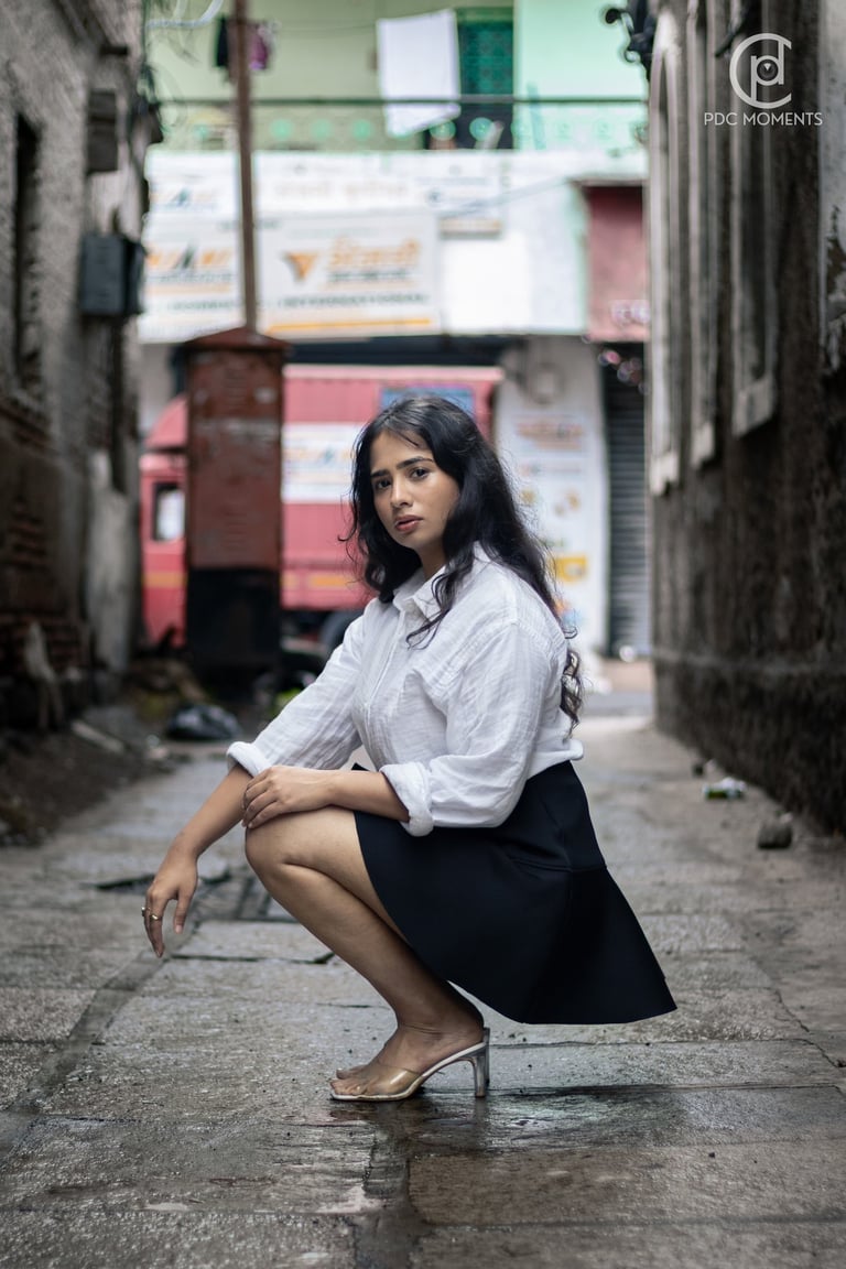 Jayasmurti outdoor fashion portrait in white shirt and black skirt, natural light PDC Moments fashion photography