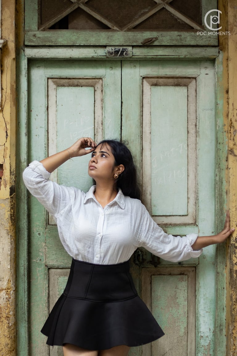 Jayasmurti outdoor fashion portrait in white shirt and black skirt, natural light PDC Moments fashion photography
