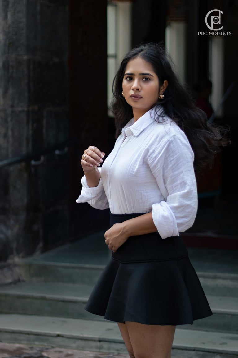 Jayasmurti outdoor fashion portrait in white shirt and black skirt, natural light PDC Moments fashion photography