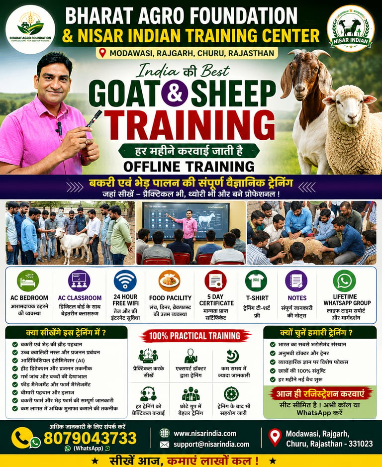 Promotional banner for Bharat Agro Foundation goat and sheep farming training program in Rajgarh, Rajasthan.