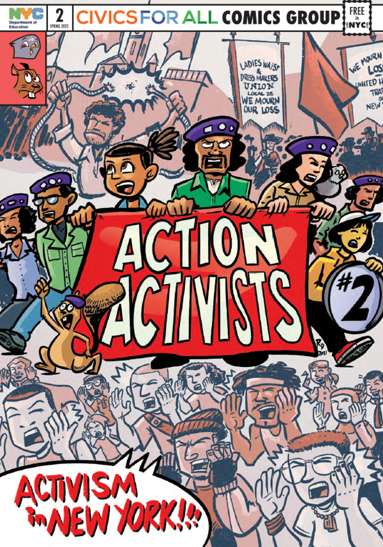 the cover of Action Activists #2 a montage of protest events throughout new york city history