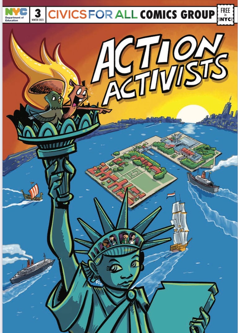 cover of Action Activists #3 a cartoon scene of Ellis Island and the Statue of Liberty