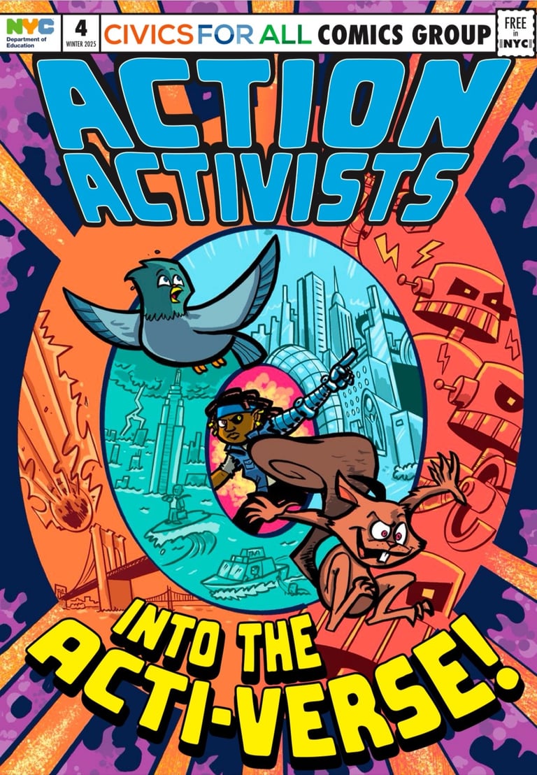 the cover of Action Activists #4 the characters in front of spiraling scenes of possible future realities