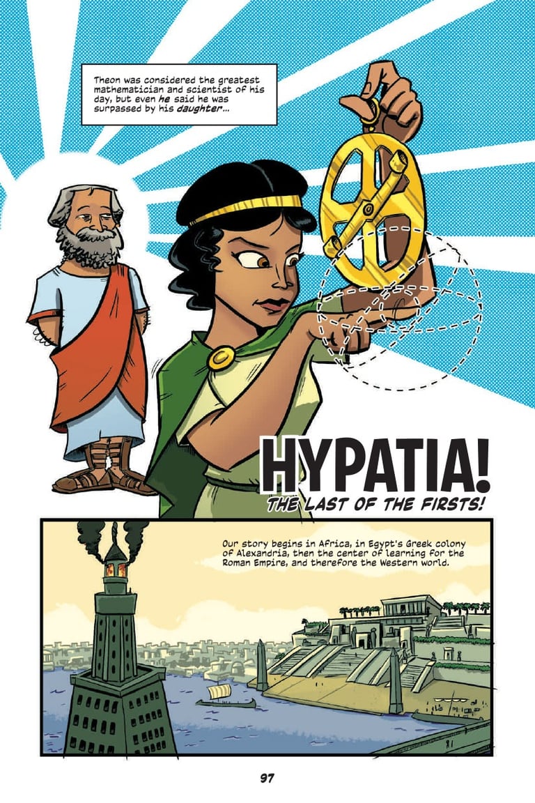A comic page from Action Philosophers illustrating Hypatia.