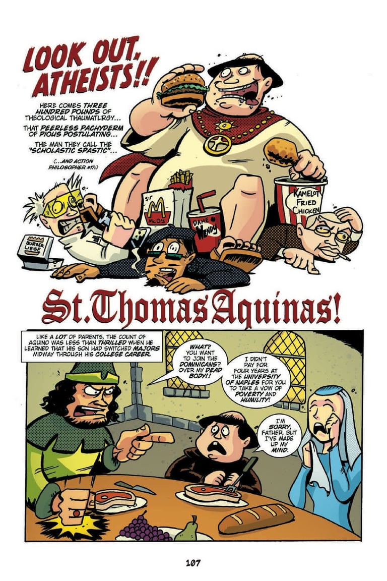 A comic page from Action Philosophers illustrating St Thomas Aquinas.