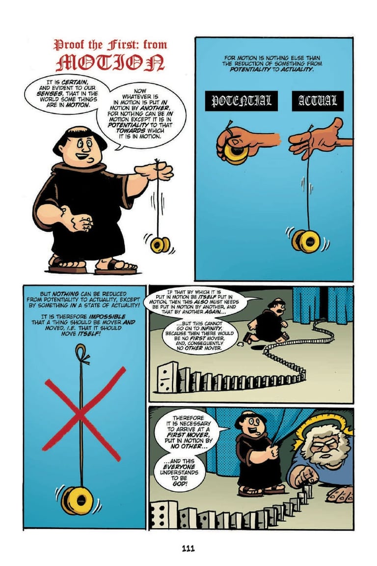 A comic page from Action Philosophers illustrating St Thomas Aquinas' philosophy of motion.